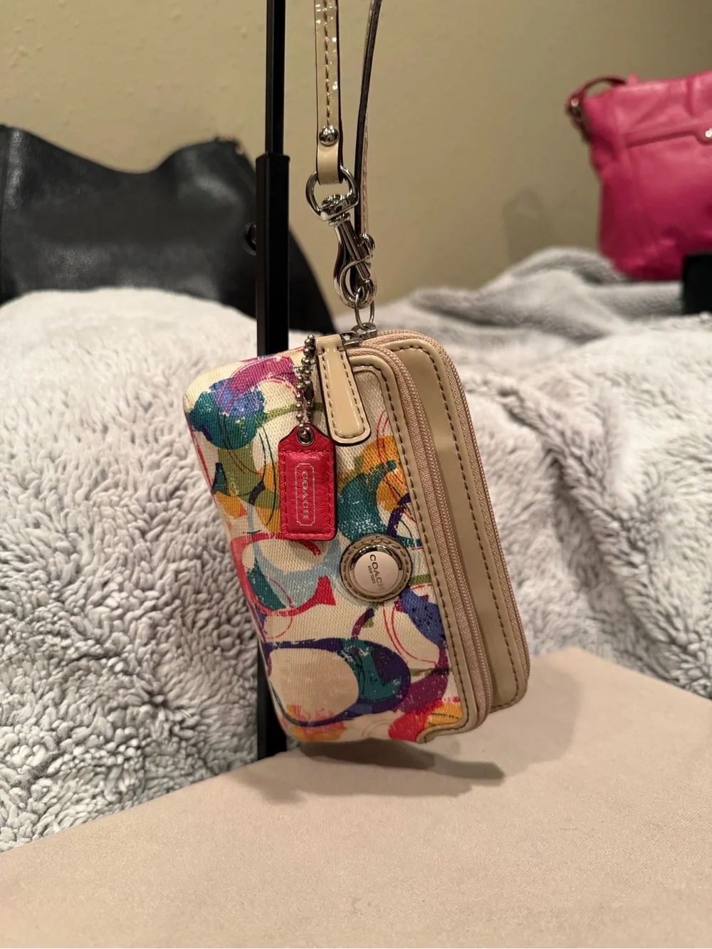 Coach Poppy Graffiti Multi-Color Canvas Double-Zip Wristlet / Wallet
